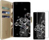 Hoesje geschikt voor Samsung Galaxy S20 Ultra - Screen Protector FlexGuard - Book Case Leer Pasjeshouder Goud & Screenprotector
