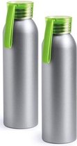 2x Aluminium drinkfles/waterfles met groene dop 650 ml - Sportfles - Sportbidon