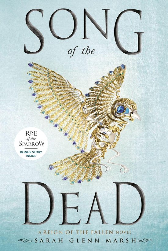 Boek "Song of the Dead" met een gouden, bewerkte vogel met blauwe steentjes op een lichtblauwe achtergrond.