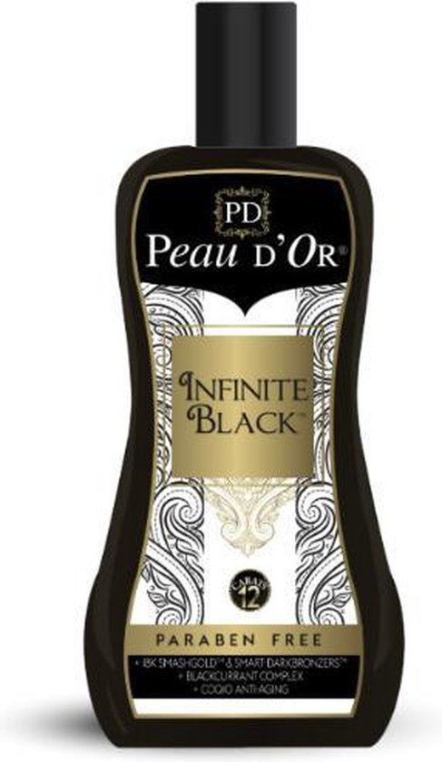 Peau D'OR Infinite Black zonnebankcrème fles met gouden en zwarte details. "PARABEN FREE".
