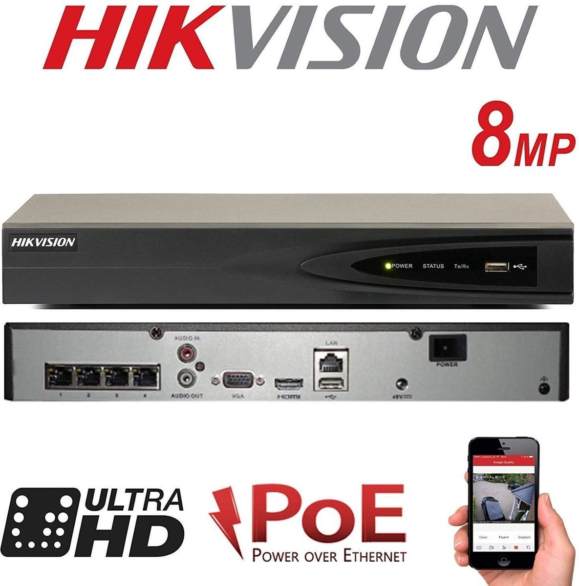 HIKVISION 4CH 8MP NVR IP Netwerk POE HDMI FULL HD 1080P 4K UHD Digitaal Bewakingscamera Recorder Systeem UP TO 6TB H.254 H.265 Home Office Werkplek PRO DS-7604NI-K1/4P (Geen HDD)