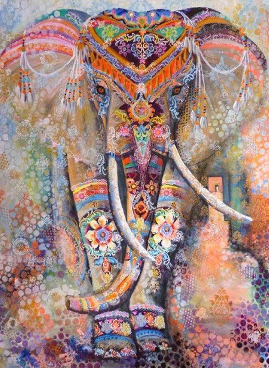 Premium Paintings - Diamond Painting Volwassenen - Volledige dekking - Ronde Steentjes - Inclusief Tools - Gekleurde olifant - Dieren - India - 30x40 cm