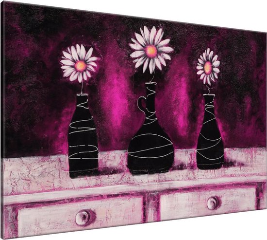 Schilderij - Madeliefje - Roze , Paars , Zwart - 120x70cm 1Luik - GroepArt - Handgeschilderd Schilderij - Canvas Schilderij - Wanddecoratie - Woonkamer - Slaapkamer - Geschilderd Door Onze Kunstenaars 2000+Collectie Maatwerk Mogelijk