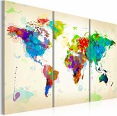 Schilderij - Wereldkaart - Kleuren van de Wereld II, Multi-gekleurd, 3luik , wanddecoratie , premium print op canvas