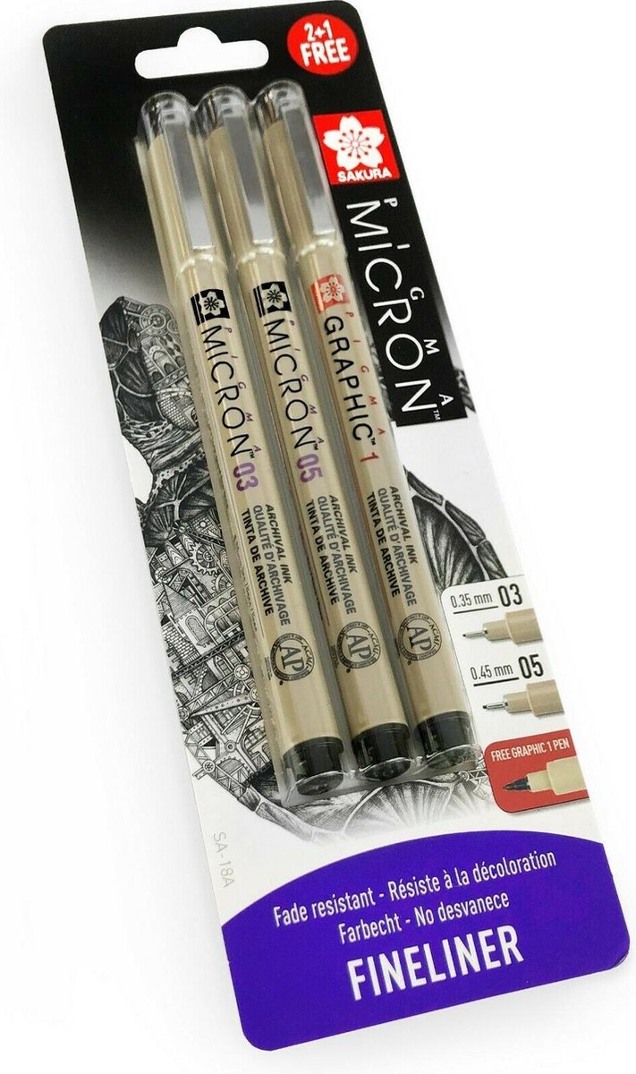 Penne Pigma Micron Fineliner - Set Da 3 Punte 0.3, 0.5, 1.0 Mm, Inchiostro Indelebile