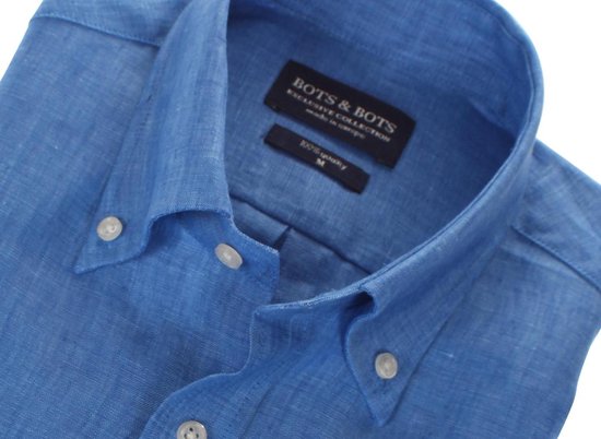 Linnen overhemd, korte mouw, jeans blauw, button down kraag, 207003-M |  bol.com