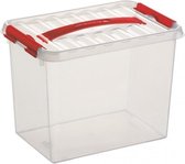Sunware Q-Line opberg box/opbergdoos 9 liter 30 x 20 x 22 cm kunststof - Opslagbox - Opbergbak kunststof transparant/rood