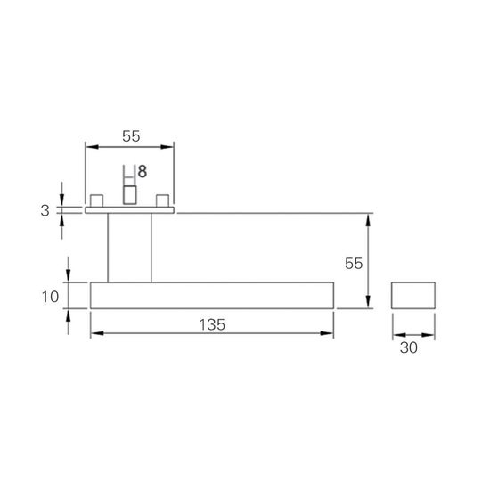 Technische tekening met afmetingen van een RVS deurklink en rozet.