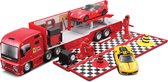 Bburago Ferrari Race Transporter vrachtwagen met 2 Ferrari modelauto's schaalmodel 1:43 rood