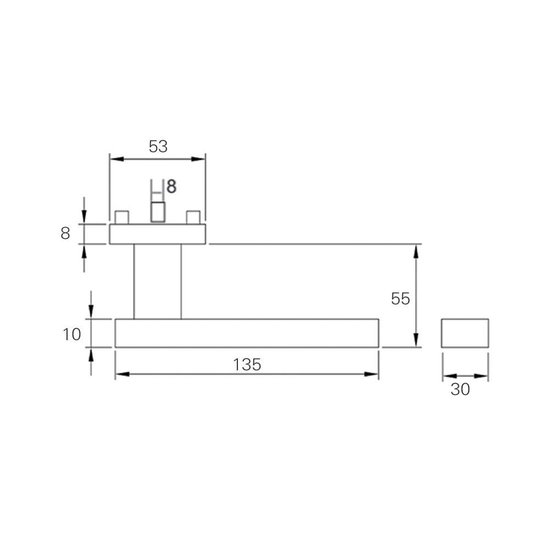 Technische tekening van een deurklink met afmetingen.