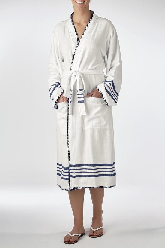 Hick hartstochtelijk zijn Hamam Badjas Krem Sultan Kimono White Navy - unisex maat XL - mouwlengte  66cm -... | bol.com