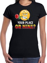Funny emoticon t-shirt Your place or mine zwart dames M