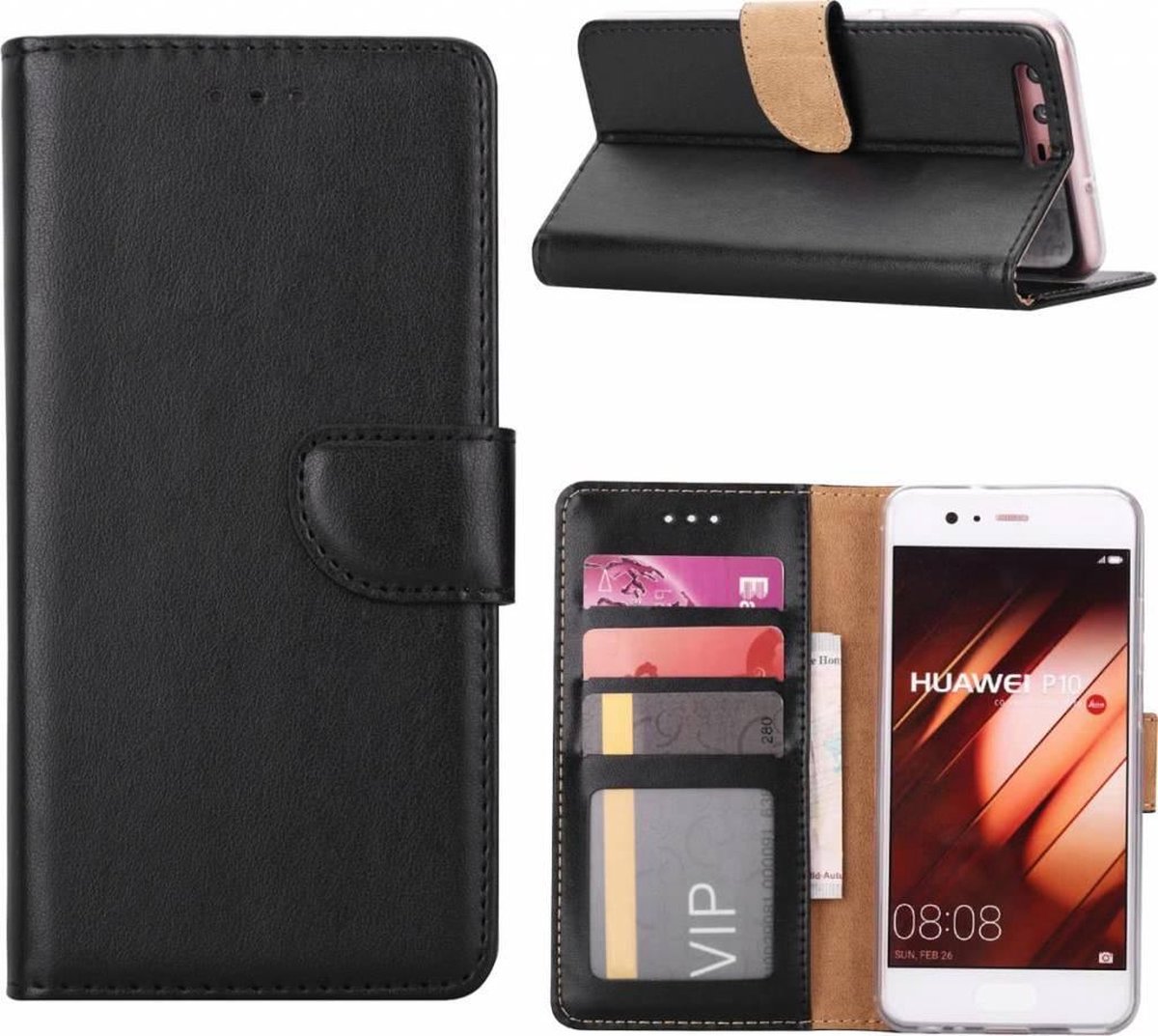 Huawei P10 Portemonnee hoesje met stand Zwart