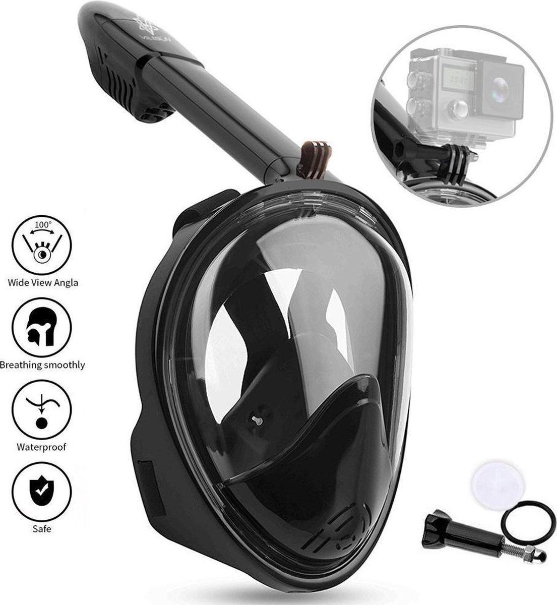EKEO Duikmasker- Volledig gezicht duikbril met snorkel - Snorkelset zwart - snorkelmasker - Maat L/XL - Zwart
