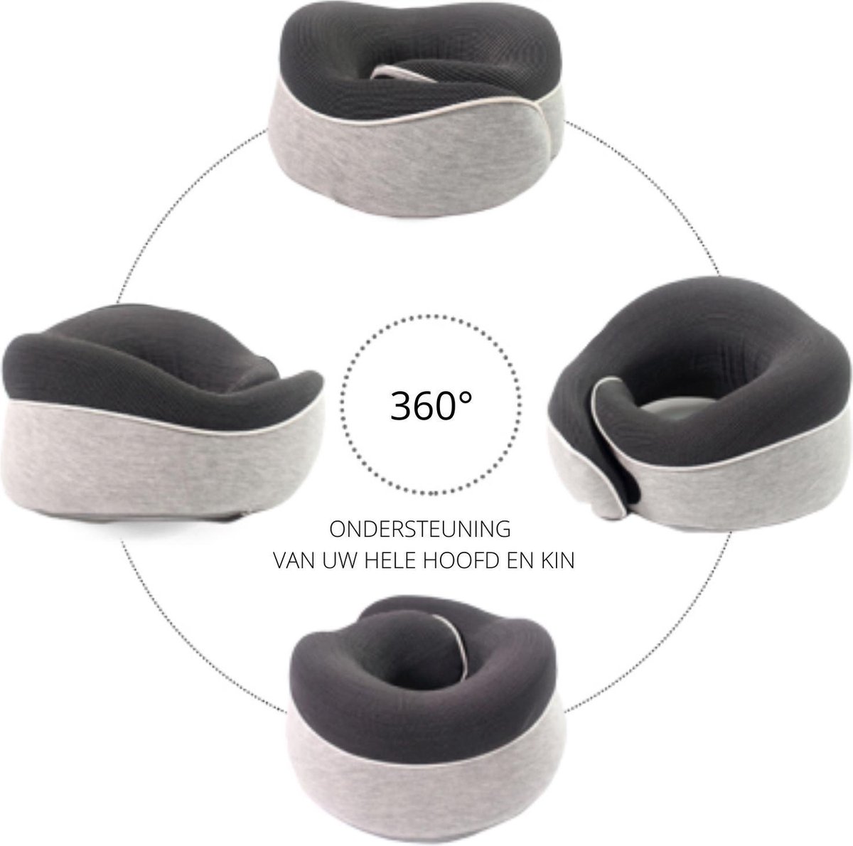 360° Framehack Rondom Nek Reiskussen - 100% Memory Foam/Traagschuim Nekkussen - Steunkussen - Vliegtuig/Auto kussen + Gratis Compact Opbergzakje - Extra Comfort - Premium Kwaliteit - Licht grijs