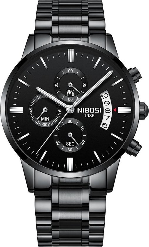 NIBOSI Horloges voor mannen – Horloge mannen – Luxe Zwart Design – Heren horloge – Ø 42 mm – Zwart Edelstaal – Roestvrij Staal – Waterdicht tot 3 bar – Chronograaf – Geschenkset met verstelbare pin