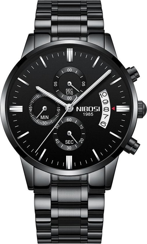 Montres NIBOSI pour homme - Montre homme - Luxury Black Design - Montre homme - Ø 42 mm - Acier inoxydable noir - Acier inoxydable - Étanche jusqu'à 3 bars - Chronographe - Coffret cadeau avec broche réglable