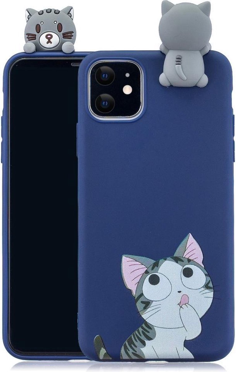 Softcase met 3D katje en cartoon voor Iphone 11 6.1 inch- Blauw
