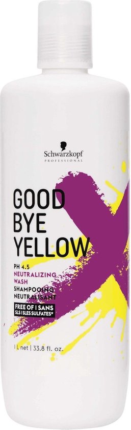 Schwarzkopf Professional GOOD BYE YELLOW PH 4.5 Neutralizing Wash, witte fles met paarse en gele verfspatten.