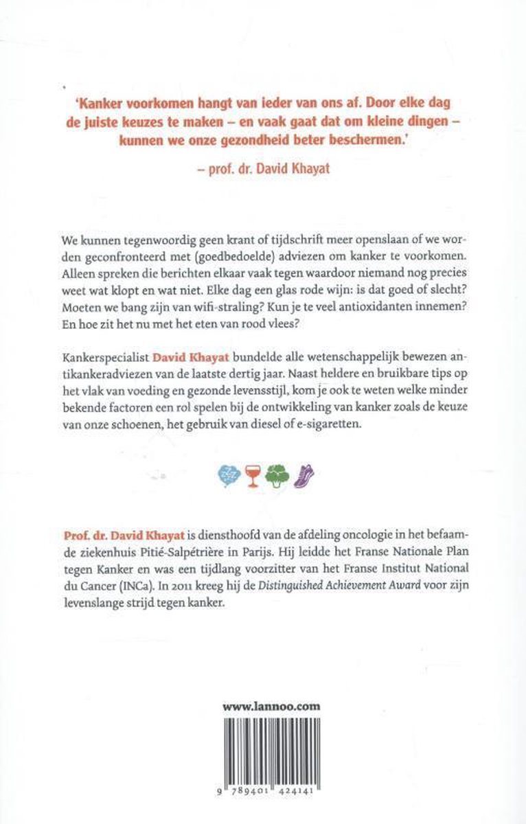 Achterkant van het boek Kanker voorkomen doe je ook zelf met tekst en een barcode.