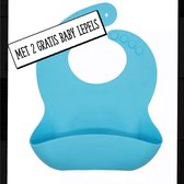 Siliconen Baby Slabbetje met Opvangbakjes | blauw | BPA ftalaatvrij afwasbaar en 2 baby lepels