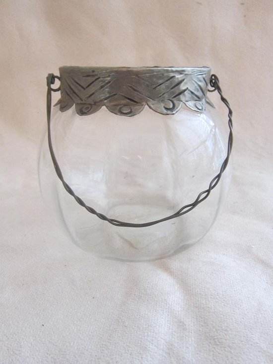 ZoeZo Design - waxinelichtjeshouder - glas - metaal H 11 x Ø 11 cm - stoer - robuust - sober - vintage zilver