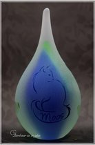 Urn met uw gewenste naam en afbeelding van een Poes-Kat middels zandstraling- Urn-Small-Glas- Groen en Blauw- 50ml inhoud-Druppel mini urn voor een kleine deelbestemming van het cr