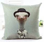 Kussenhoes grappige mister Struisvogel met hoedje en sjaal. Kussensloop grappige vogel. Sier kussenhoes 45x45.