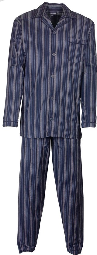 Paul Hopkins pyjamaset met doorknoopjas en broek in marineblauw met grijze en lichtblauwe verticale strepen.