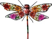 Grote metalen libelle gekleurd 27 x 33 cm tuin decoratie - Tuindecoratie libelles - Dierenbeelden hangdecoraties