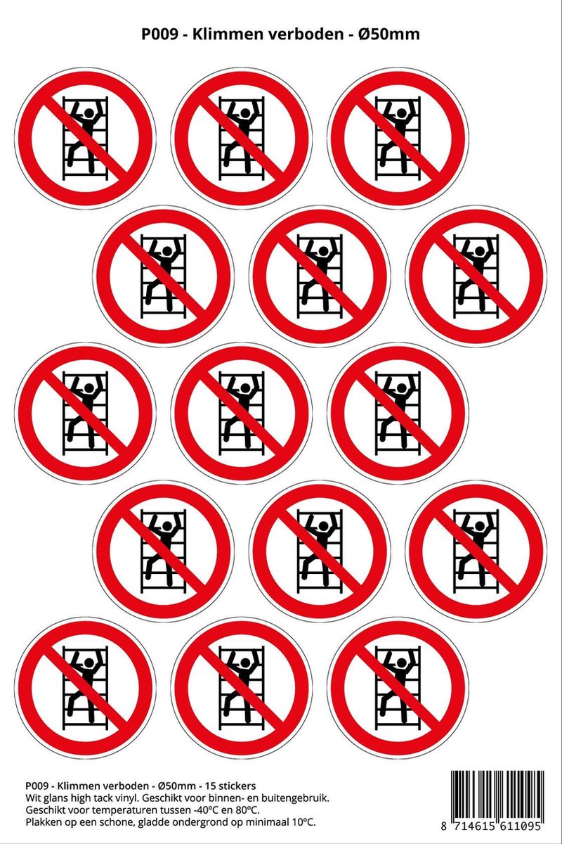 Pictogram sticker P009 - Klimmen verboden - Ø 50mm - 15 stickers op 1 vel