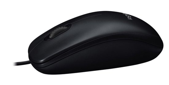 Souris Logitech M90 filaire noire, vue de trois quarts par le dessus avec logo.