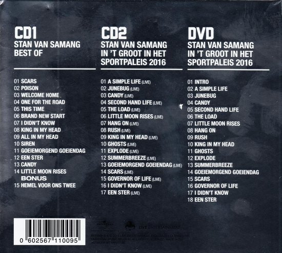 Zwarte hoes met 'Stan Van Samang' en tracklistings voor CD1, CD2 en DVD.