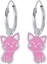 Joy|S - Zilveren kat poes oorbellen bedel roze oorringen