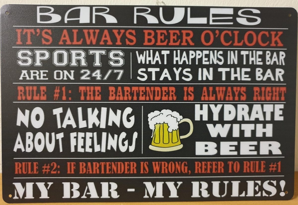 Bar Rules Beer O CLOCK Reclamebord van metaal METALEN-WANDBORD - MUURPLAAT - VINTAGE - RETRO - HORECA- BORD-WANDDECORATIE -TEKSTBORD - DECORATIEBORD - RECLAMEPLAAT - WANDPLAAT - NOSTALGIE -CAFE- BAR -MANCAVE- KROEG- MAN CAVE