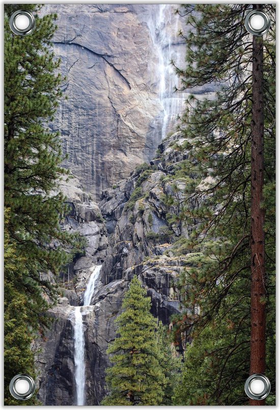Tuinposter –Watervallen langs Rotsen– 100x150cm Foto op Tuinposter (wanddecoratie voor buiten en binnen)