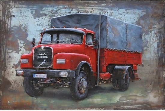 3D Metaalschilderij - Vrachtwagen rood MAN Truck - 80 cm hoog