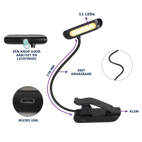 Premium LED Leeslampje voor Boek of E-reader – Extra Brede Lichtbundel - Klemlampje – Bedlampje – USB – Zwart – Accu voor 70 uur – Incl. USB kabel