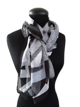 Grijs zwarte dames sjaal herfstblad motief Lichte chiffon stof  50 x 160 cm