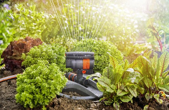 Arroseur oscillant GARDENA compact dans un jardin verdoyant avec des jets d'eau.