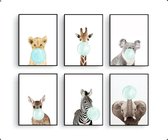 Postercity - Design Canvas Poster Set Zebra Giraffe Koala Leeuwtje Hertje & Olifant met Groene Kauwgom / Kinderkamer / Babykamer - Kinderposter / Babyshower Cadeau / Muurdecoratie / 40 x 30cm / A3