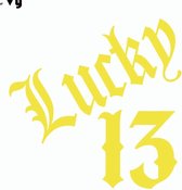 Gele Lucky 13 autosticker - stikker met ongeluksgetal - maak 13 uw geluksgetal - Lucky13 - 14,8 x 15 cm - aut135