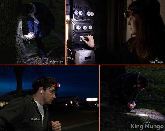 Collage: personen gebruiken de King Mungo hoofdlamp in verschillende donkere omgevingen.