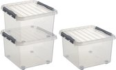 3x Sunware Q-Line opberg boxen/opbergdozen met wieltjes 26 liter  40 x 40 x 28 cm kunststof - Vierkante opslagbox - Opbergbak kunststof transparant/zilver