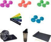 Fitness set XL Tunturi - fitness (yoga) mat - 4 elastieken - fitness wiel - shakebeker - 2 x 2,0 kg - 2 x 3,0 kg - 2 x 4,0 kg - 2 x 5,0 kg