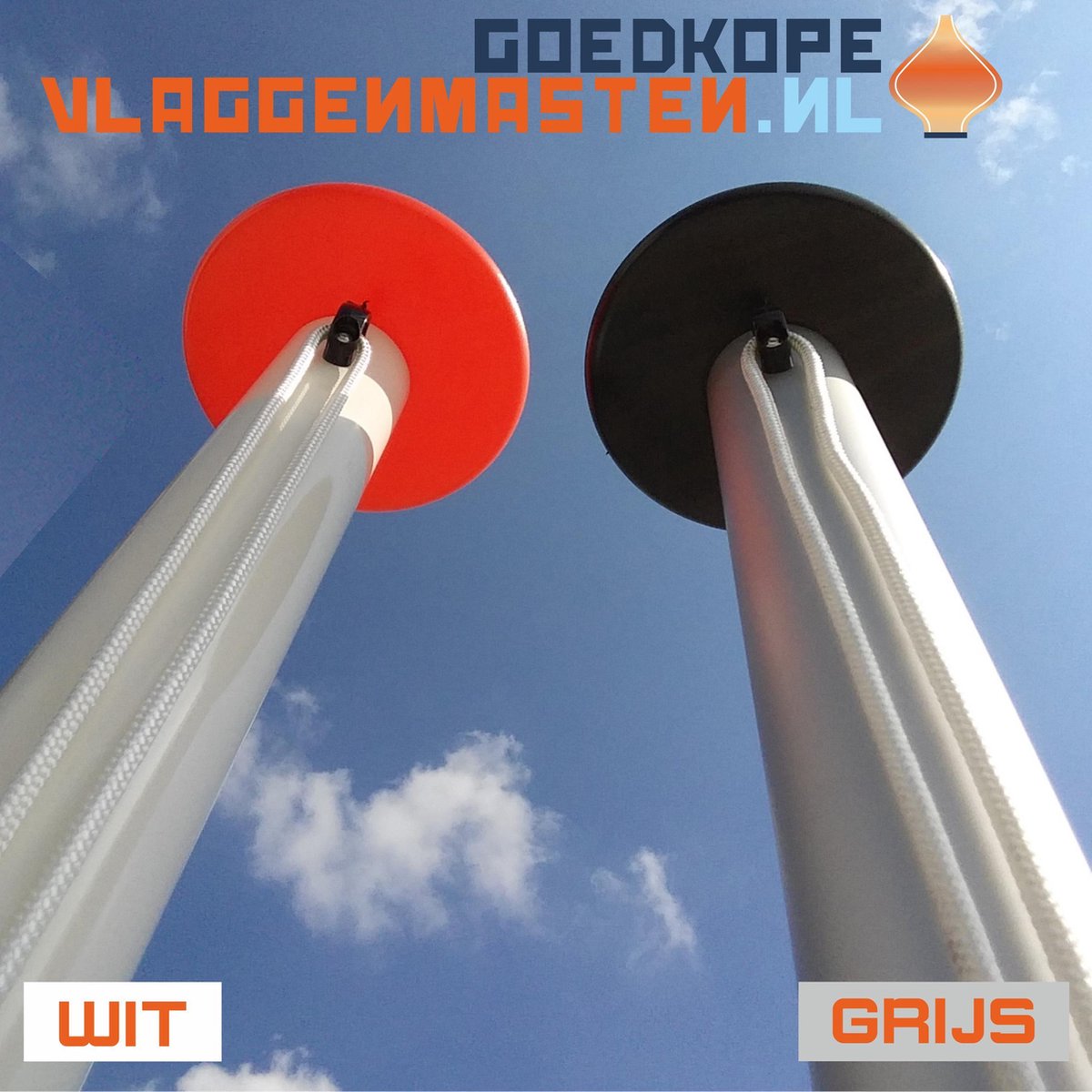 Vlaggenmast wit, 6 meter, diameter 100-60 mm. Aluminium conisch, wit gecoat incl. kikker, oranje knop, oog, koord en grondkoker. Type BASIC 1206A1A - goedkope-vlaggenmasten.nl