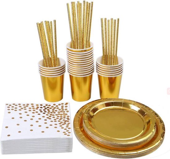 Fournitures de fête Ensemble de vaisselle jetable sert des assiettes en  papier dorées, des serviettes, des tasses, une nappe avec des ensembles  d'argenterie en plastique doré pour la fête d'anniversaire de mariage 