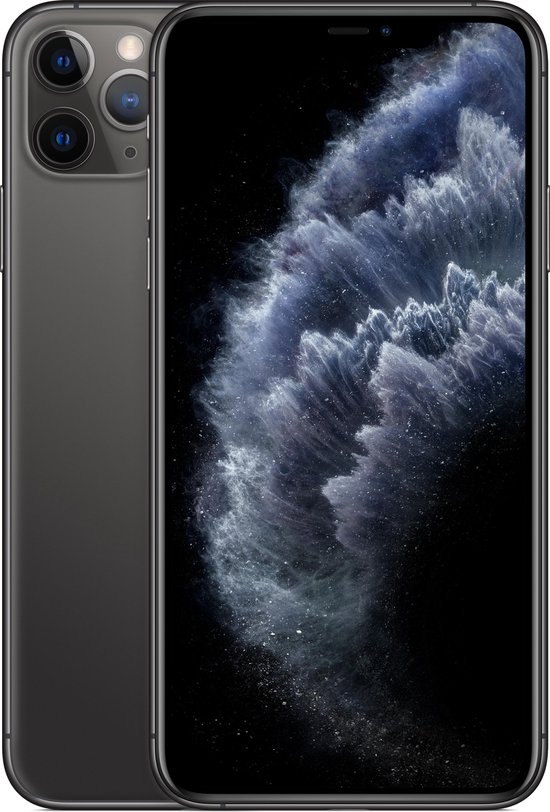 Spacegrijze iPhone 11 Pro met de voor- en achterkant zichtbaar. Scherm toont donkere nevel.