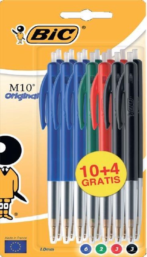 BIC M10 Original Balpennen met Kliksysteem Medium Punt (1.0 mm) - Blauw Zwart Groen Rood- Pak van 10 +4 Stuks