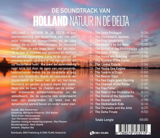 Achterkant van de soundtrack-cd van 'Holland, Natuur in de Delta' met tracklist en credits.